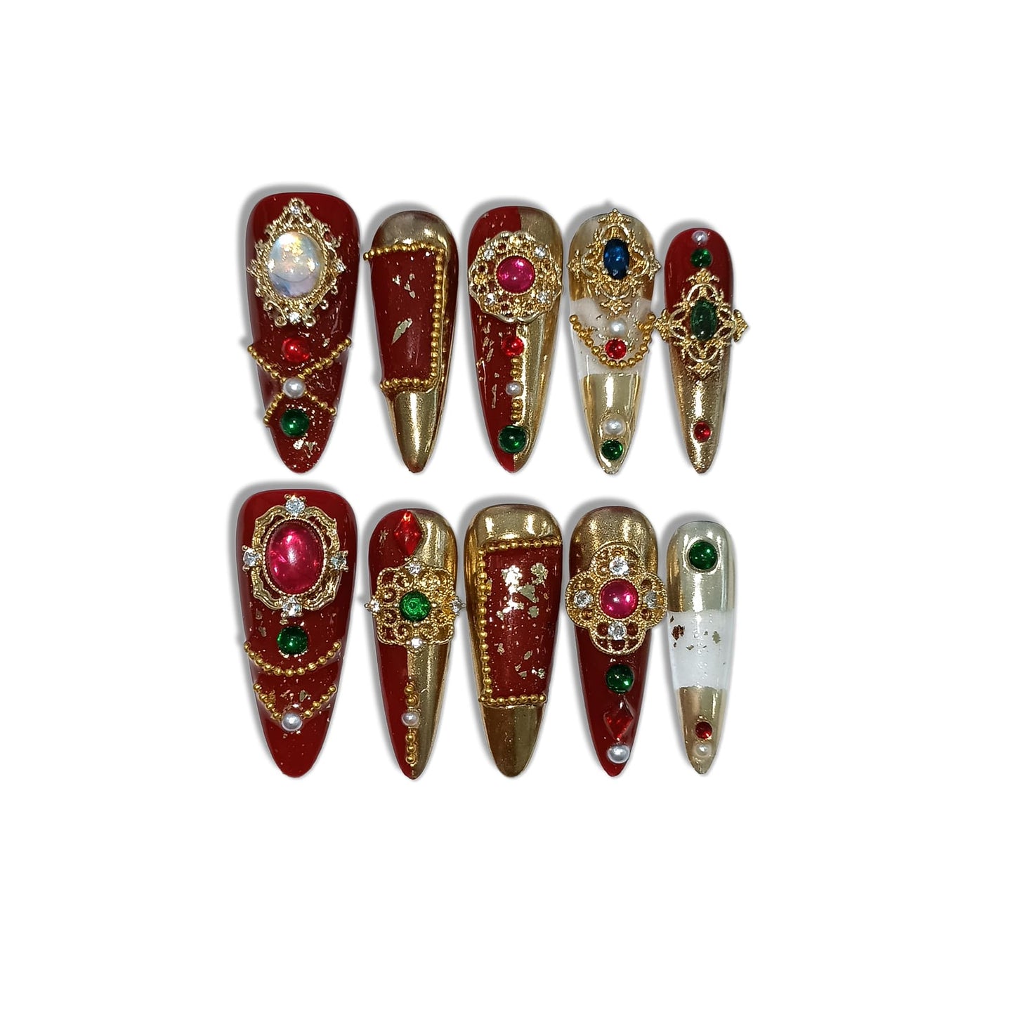 TENPAL Imperial Bridal Press On Nails Long Stiletto,Phoenix Vermeil Ruby Filigree Designs Glue on Nails,Heirloom Cameo False Nails 10Pcs with Tools Kit,Reusable Wedding Fake Nails for Bride Matron(S)