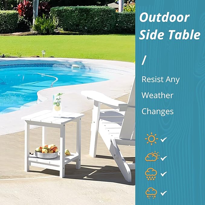 LUE BONA Adirondack Outdoor Side Table, 2-Tier White HDPS Patio End Table Weather Resistant, Morden Side Table for Patio, Pool, Porch