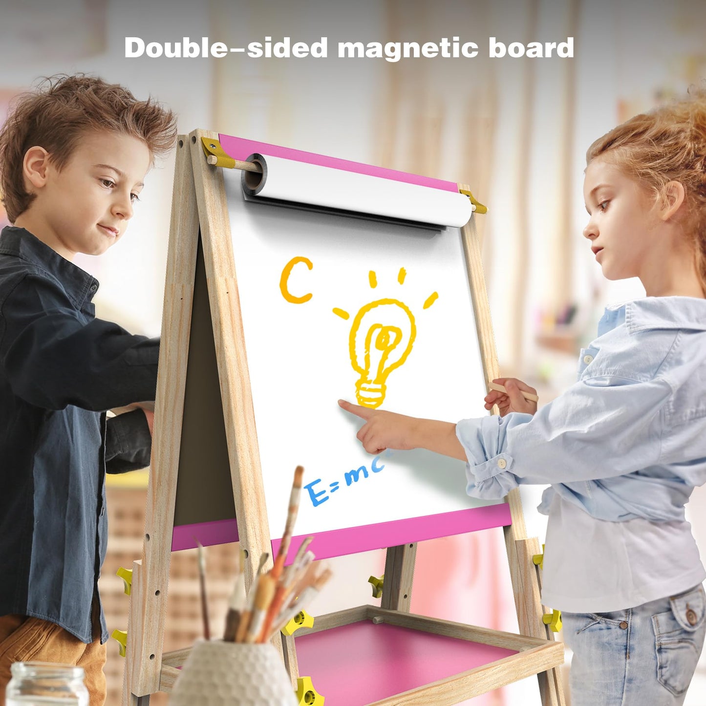 JOYOOSS Art Easel for Kids Easels for Toddlers with Paper Roll,Adjustable Wooden Magnetic Board Double Sided Whiteboard & Chalkboard 2-4 Art Easel for Kids Ages 4-8 Toddlers Painting Drawing Easel