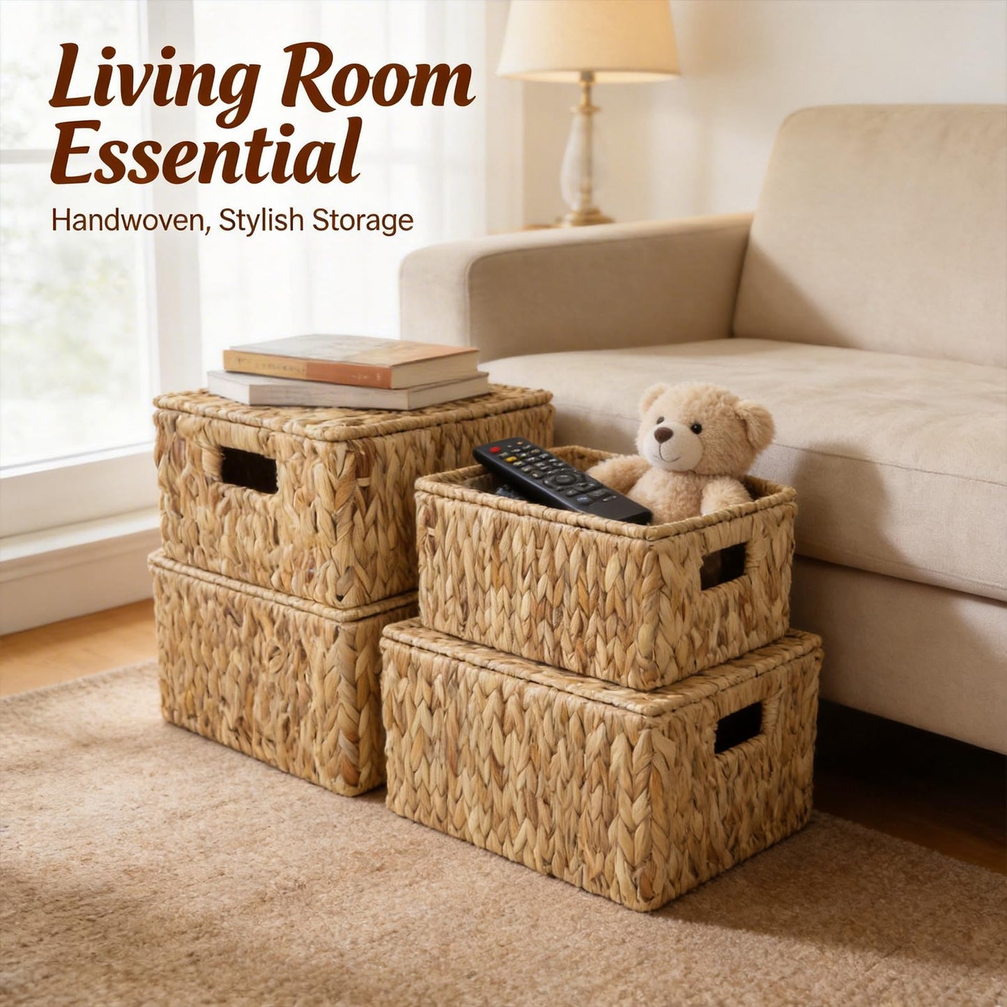 Wicker Storage Baskets With Lid,Set of 3 Rectangular Rattan Basket Decorative Boxes with Handles,Large Storage Box Hyacinth Wicker Baskets For Shelf Organizer, Nursery Room,Bathroom,Living Room