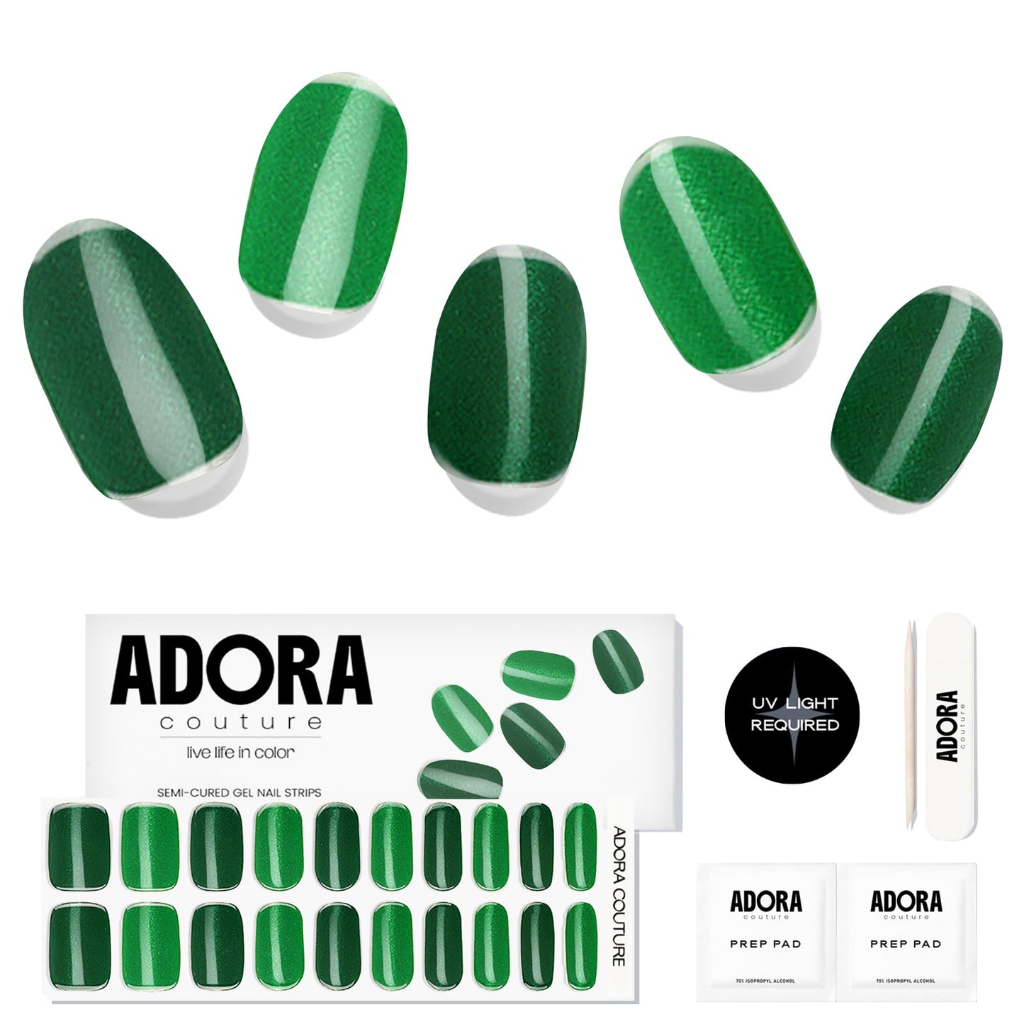 Semi-Cured Gel Nail Strips - 20 Salon-Quality Gel Sticker with UV Light Required, Long Lasting, Easy Application & Removal, Includes Prep Pad, Nail File, Wooden Stick (Emerald Allure)