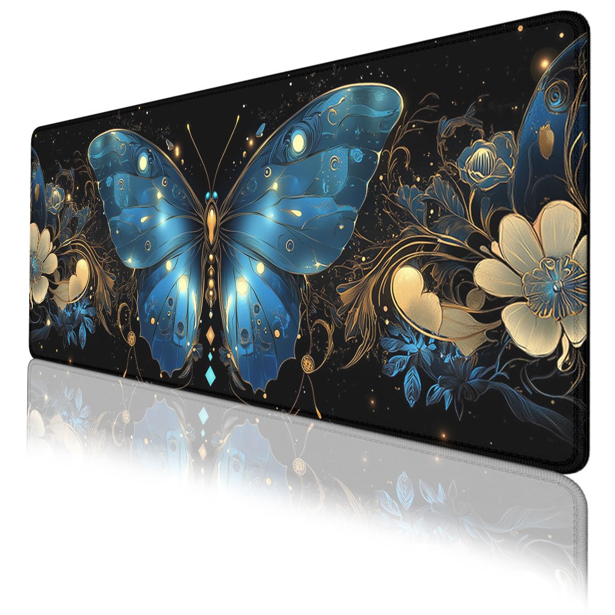 Blue Butterfly Gaming Mouse Pad Gorgeous Wings Fantasy Butterfly Large Gaming Mouse Mat with Stitched Edges,Non-Slip Waterproof Rubber Base Mous Mat 31.5x11.8 in
