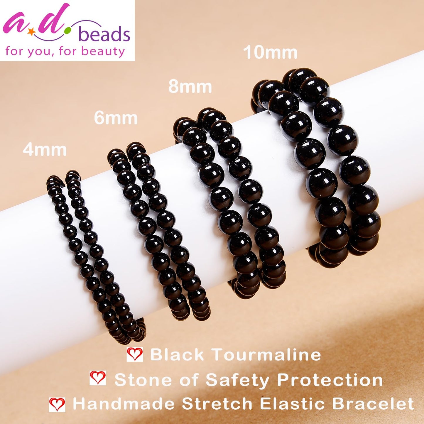 AD Beads Handmade Gemstone Stretch Elastic Bracelet Crystal Healing Reiki Nature's Beauty and Spiritual Essence Unisex (8mm, Black Tourmaline (Best Protection))
