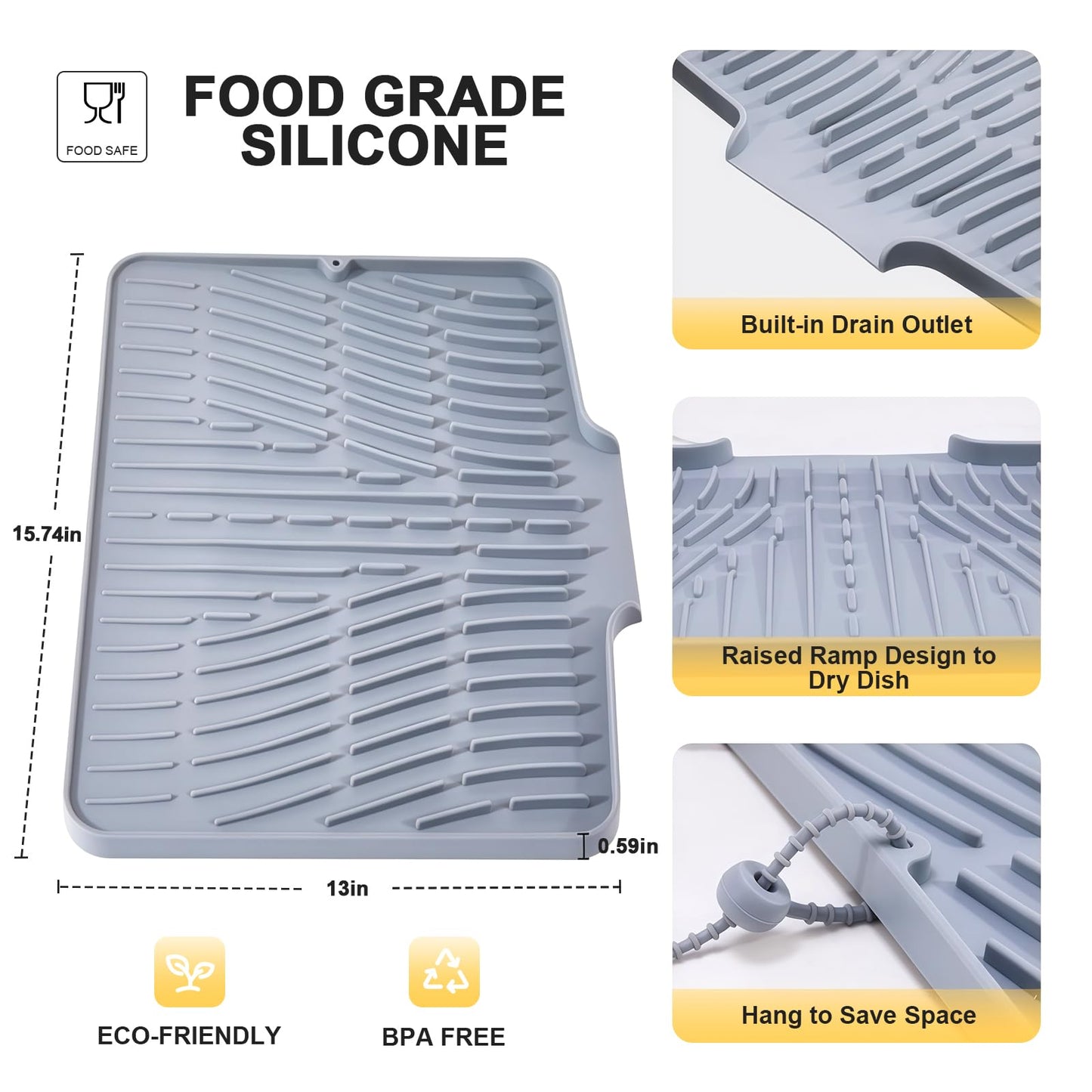 Silicone Dish Drying Mat for Kitchen Counter,Non-Slip Dish Drying Pad with Drain Lip,Heat Resistant Sink drying Mat for Dishes,Large Rubber dish drain mat dish rack mat (Grey,15.8"x13")