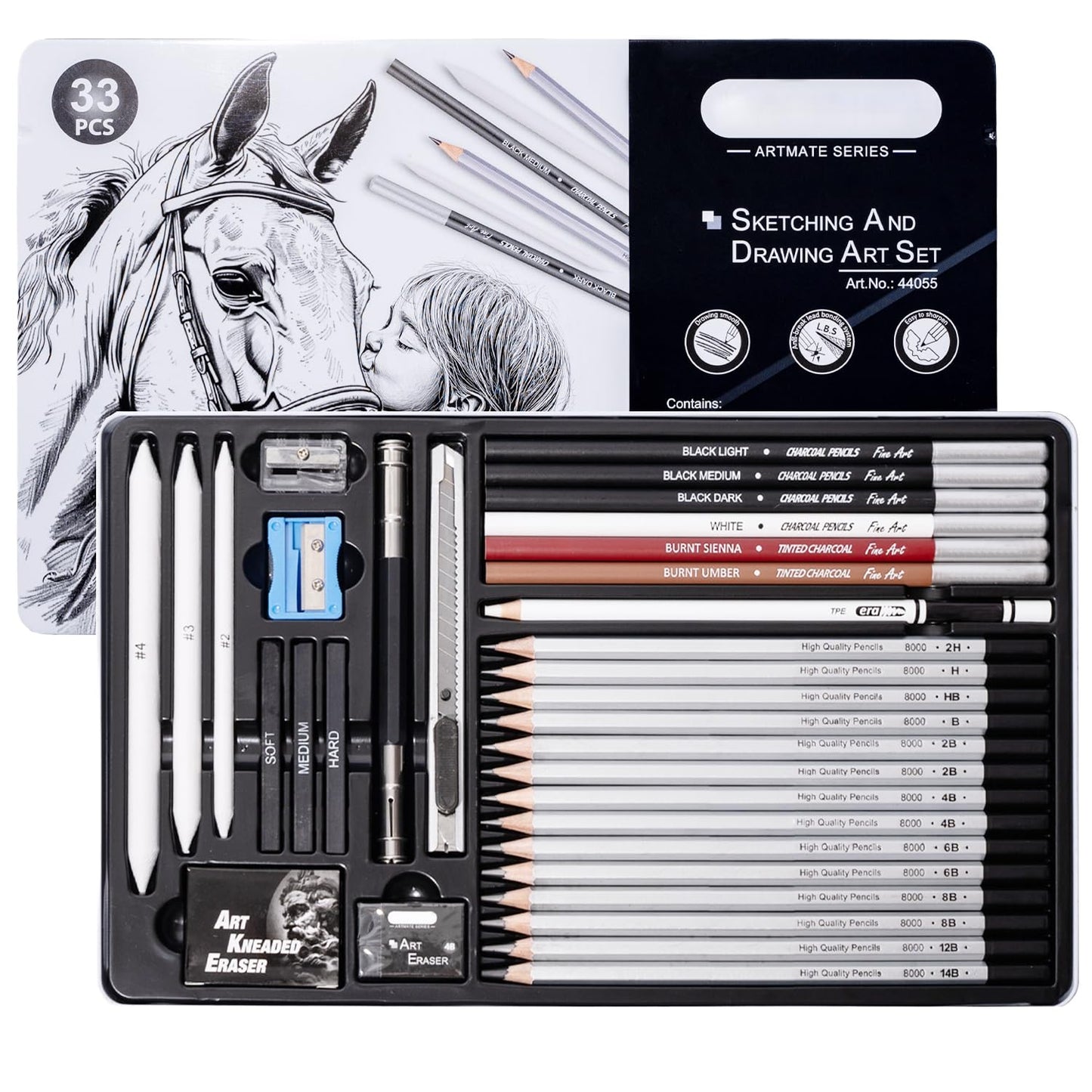 Ouksma Drawing Sketching Pencil Set, 33 PCS Graphite and Charcoal Pencils with Blending Stumps, Erasers, Art Knife & Pencil Extender in Metal Box, Artist Sketching Supplies for Drawing & Shading