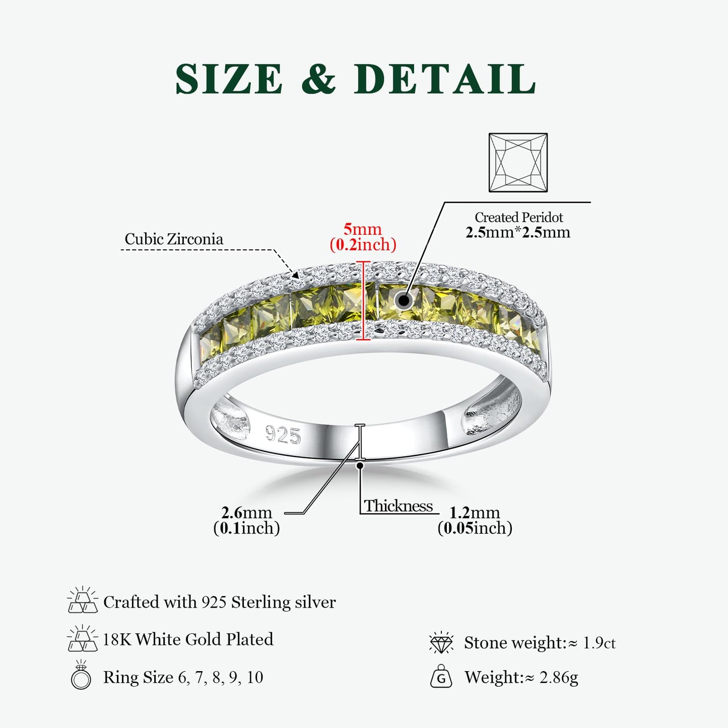 RANDES 925 Sterling Silver Peridot Ring Half Eternity Band Rings for Women Channel Set Princess Cut August Birthstone Ring Size 9