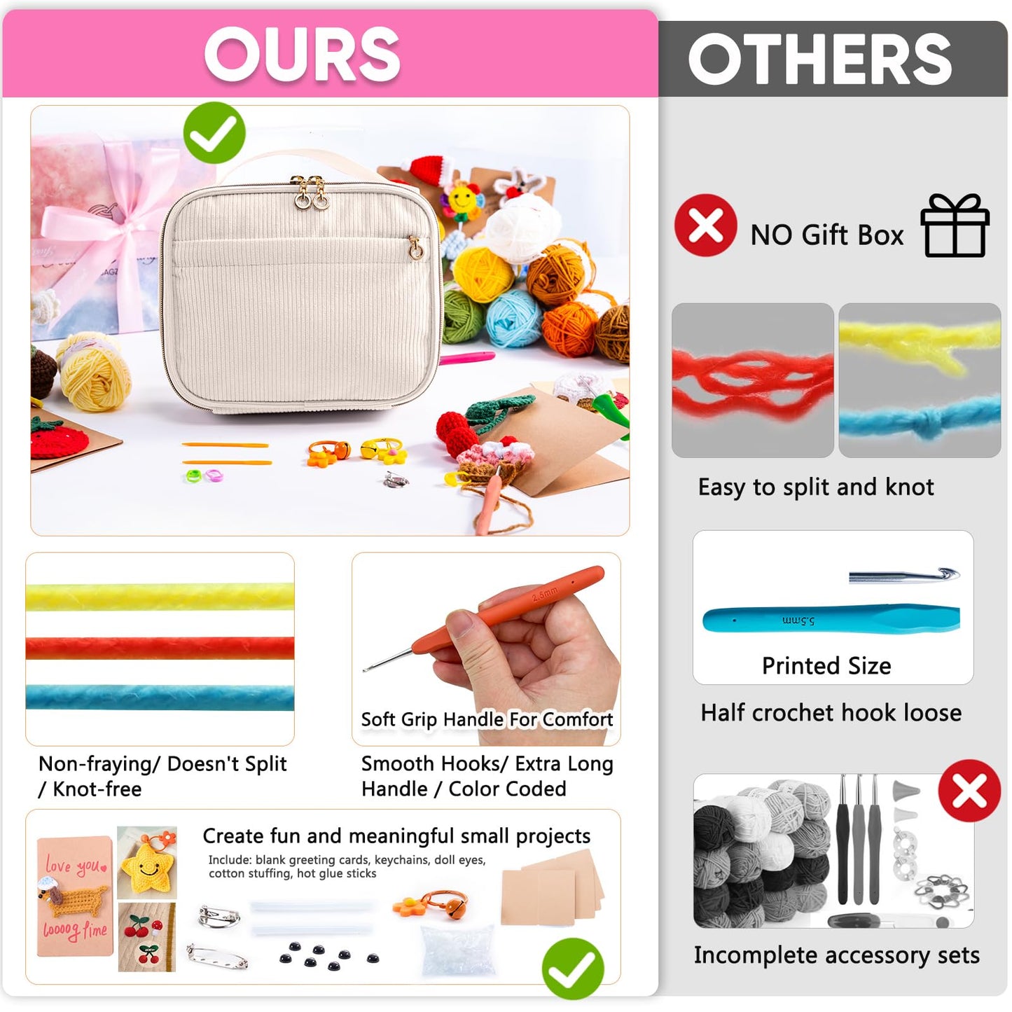 MYBAGZING Crochet Kit for Beginners, Complete Starter Set with Yarn, Ergonomic Crochet Hooks, Needles, Crochet Accessories and Suppliers for Crochet Beginner Projects, Knitting Kit for Adult