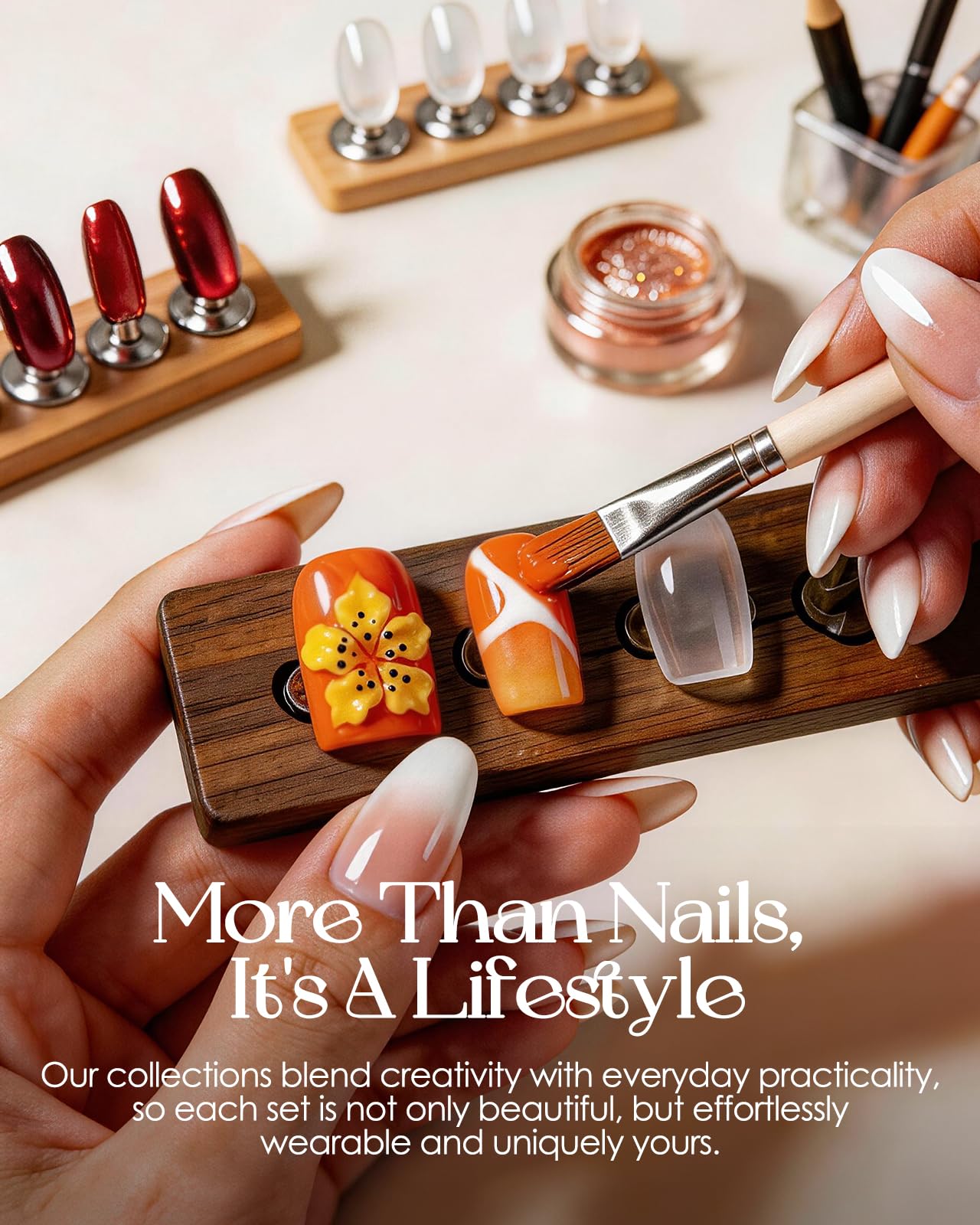Buleens Handmade Press on Nails Acrylic Duck Nails-10pcs Short Vibrant Tropical Yellow Flower 3D Fake Nails Kits with Glue