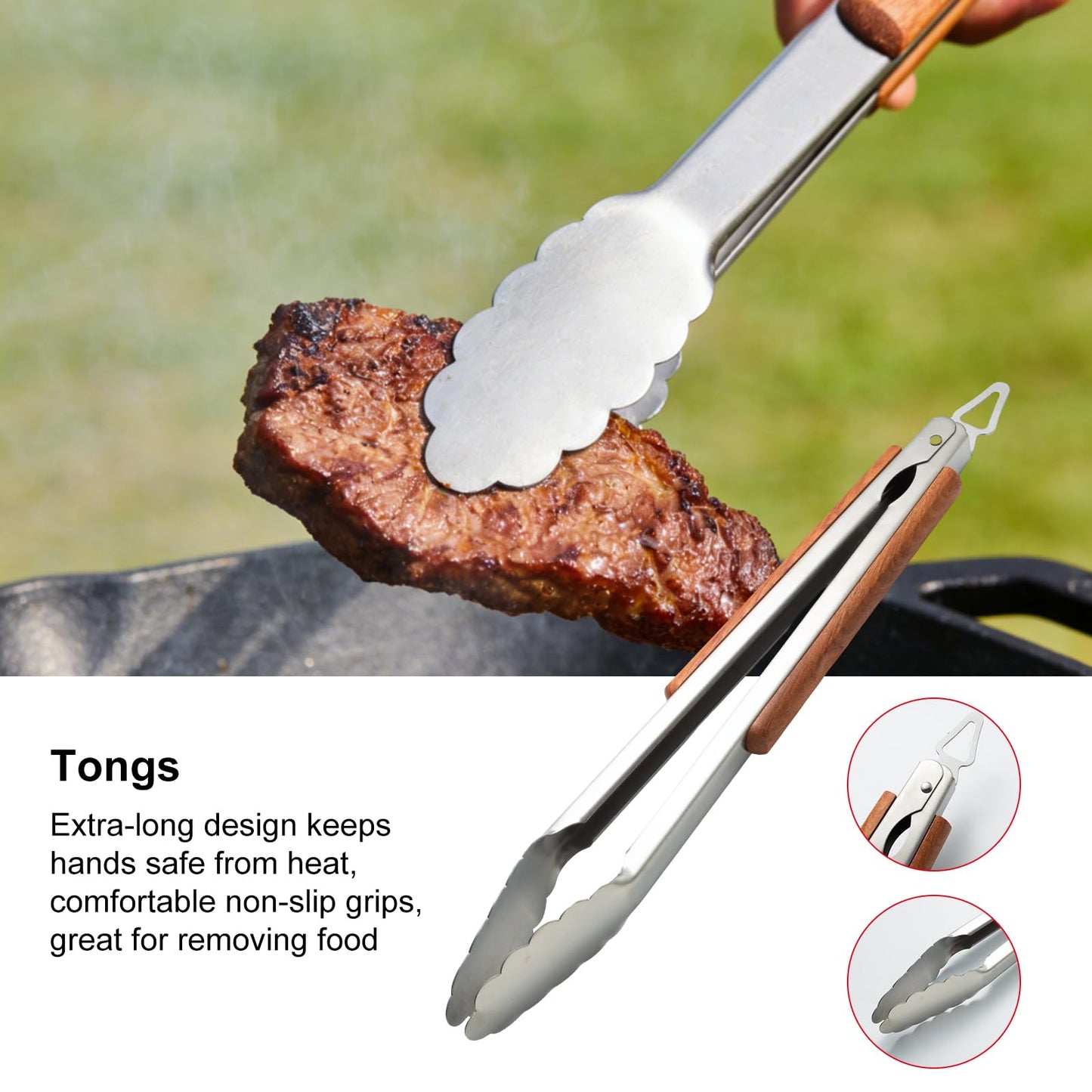 Heavy-Duty Wood BBQ Grilling Accessories Tools Set, Premium Thickened Stainless Steel Barbecue Utensils for Outdoor Grilling