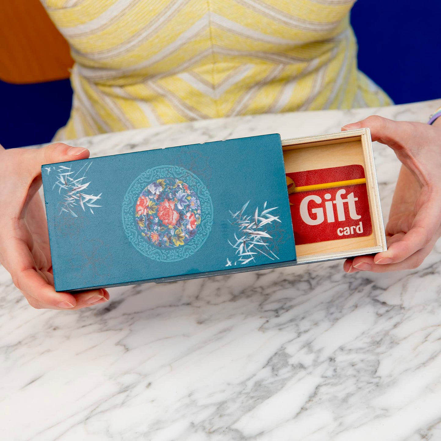 Bits and Pieces 8 Step Secret Puzzle Box Chinese Bamboo Puzzle Gift Box for Trinkets Money Gifts Jewelry, Peony Artwork, Teal Blue Brainteaser, 3.25 x 6.25 x 2 Inches