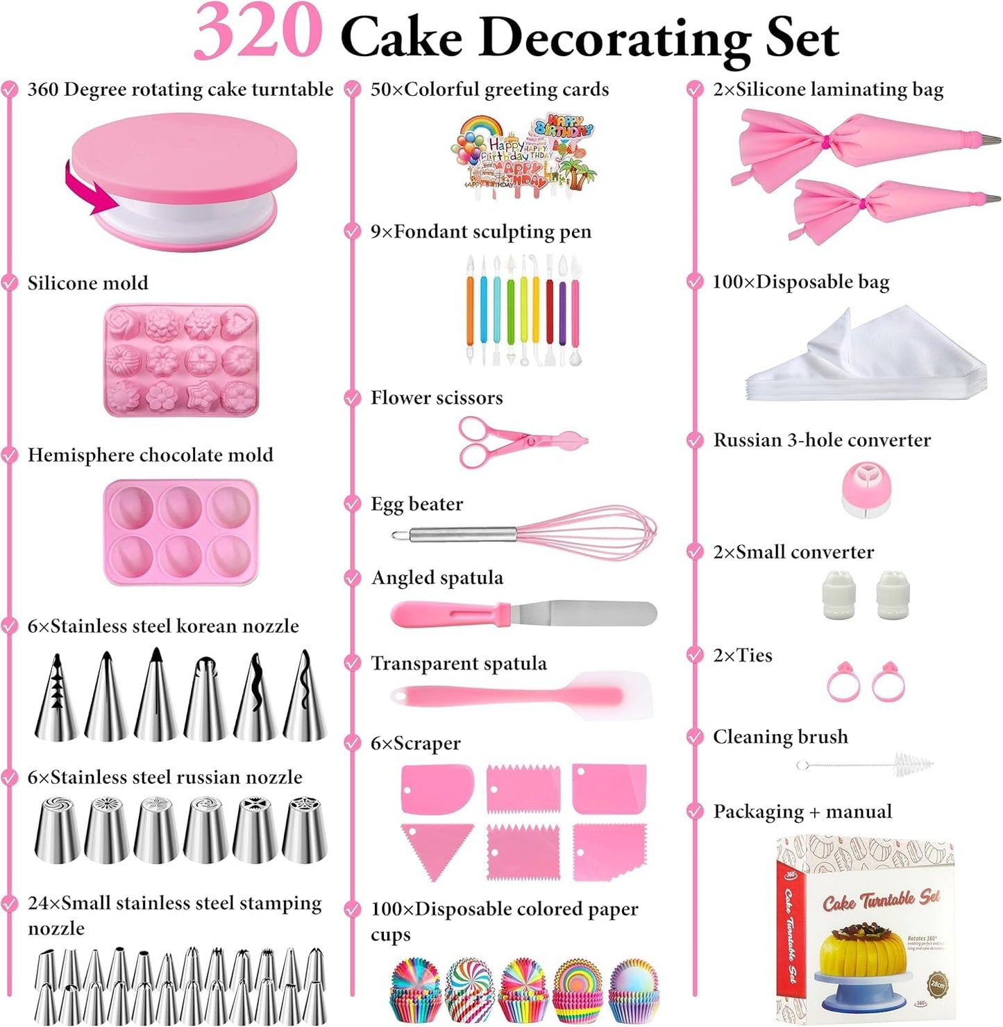 Cake Decorating Kit,Piping Bags and Tips Set,Cake Decorating Supplies,Frosting Piping Kit,Cake Baking Supplies for Beginners (320PS)