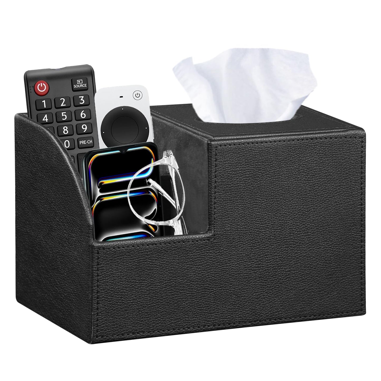 PU Leather Square Tissue Box Cover - Multi-Functional Tissue Box Holder, Tissue Box Cover with Storage,Tissue and Remote Control Holder, Cube Tissue Box Organizer Bedroom Nightstand End Table