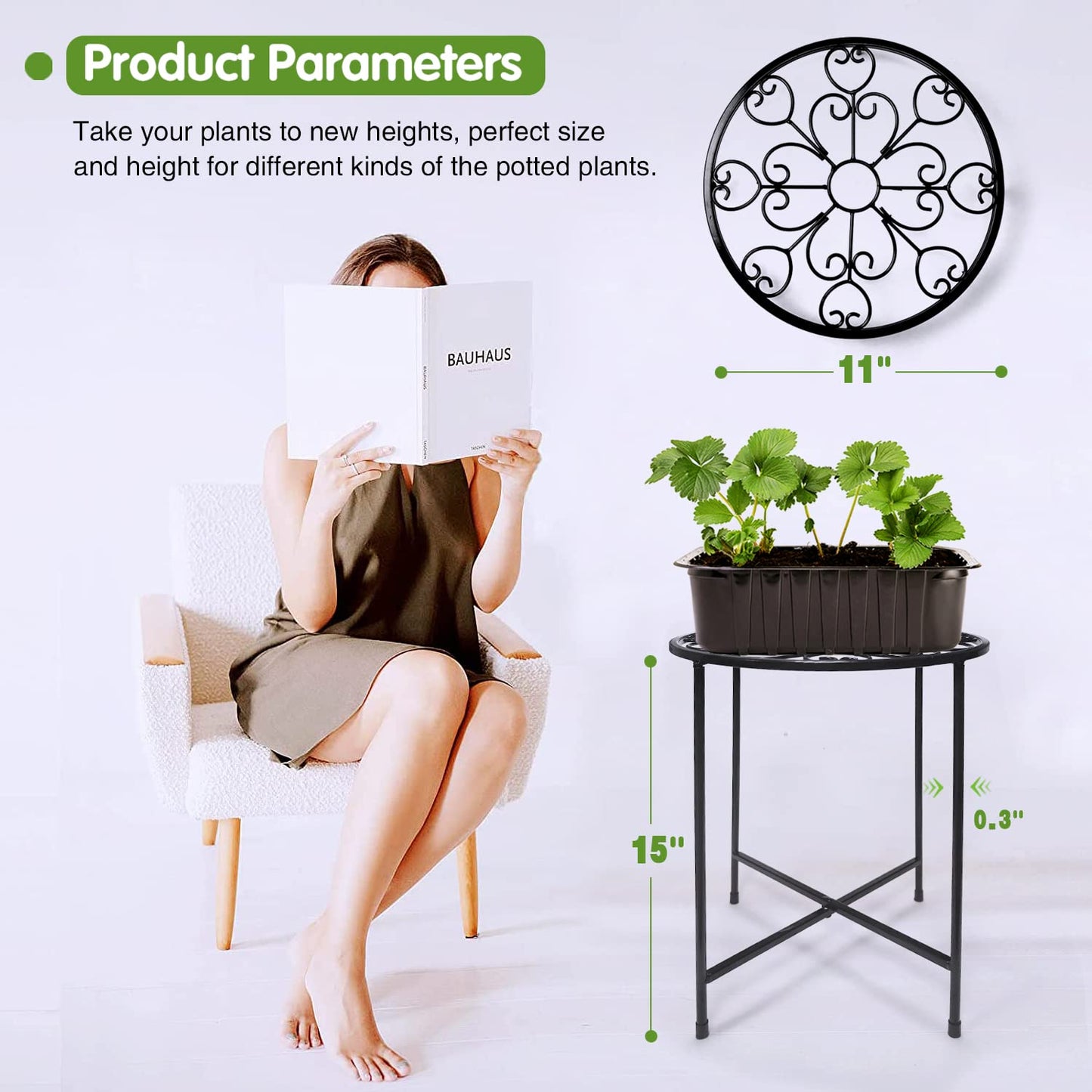 KABB Metal Plant Stand, 15'' Tall Flower Pot Set, Modern Rustproof 10-inch Round Outdoor Iron Art Stand, Black Decorative Stool for Indoor Plants