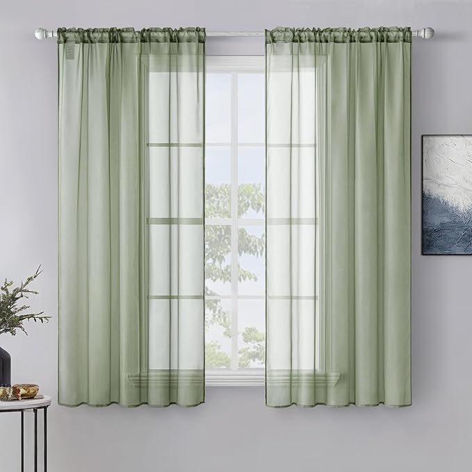MIULEE 2 Panels Sage Green Sheer Window Curtains Elegant Window Voile Panels/Drapes/Treatment for Bedroom Living Room (54X54 Inches)