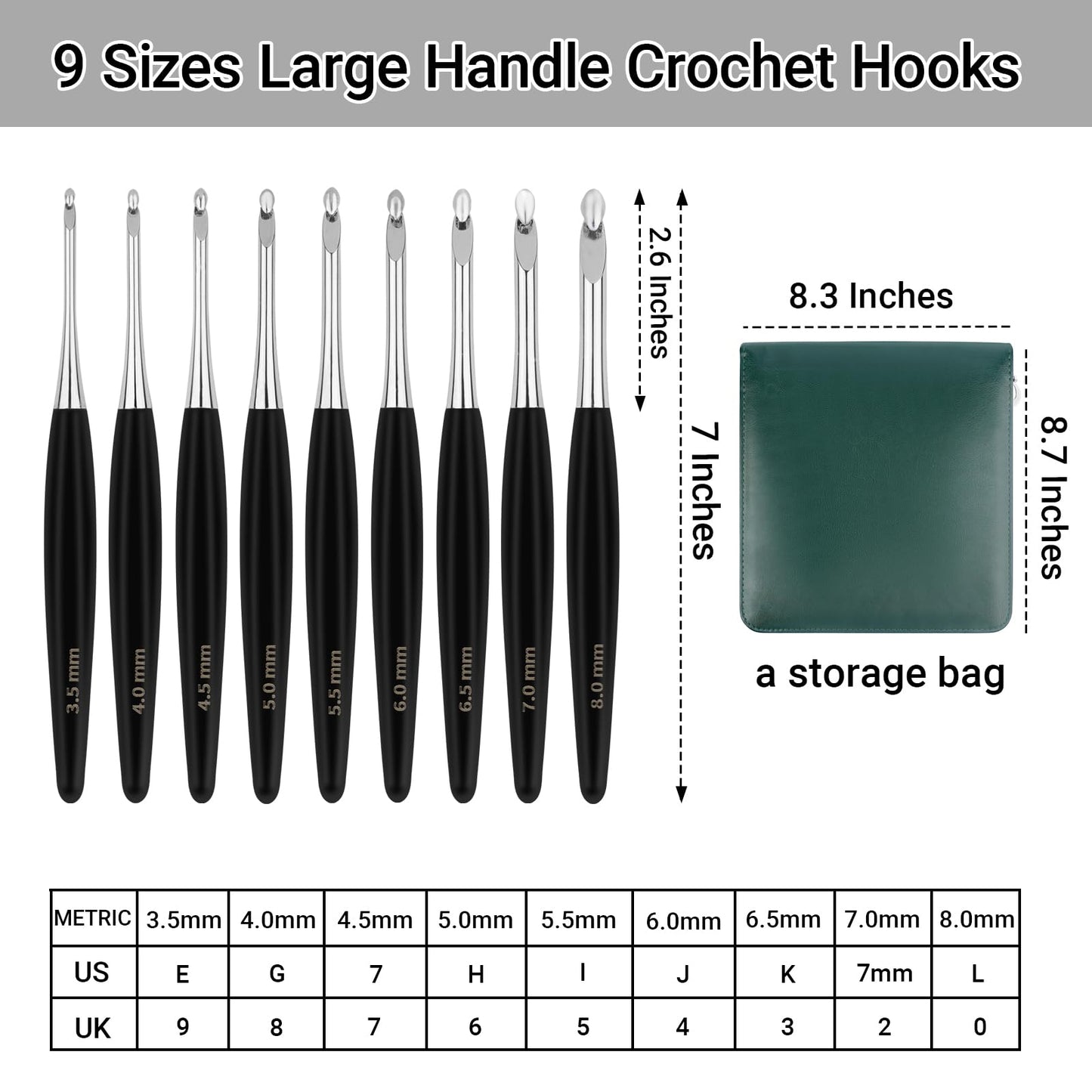 Hobekoee Inline Crochet Hooks Set 9 Sizes 3.5mm(E)-8mm(L) Wooden Handle Crochet Hooks Set with Case,Ergonomic Grip for Arthritic Hands