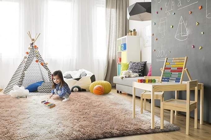 TWINNIS Super Soft Shaggy Rugs Fluffy Carpets, 8x10 Feet, Indoor Modern Plush Area Rugs for Living Room Bedroom Kids Room Nursery Home Decor, Upgrade Anti-Skid Rectangular Fuzzy Rug, Tan White