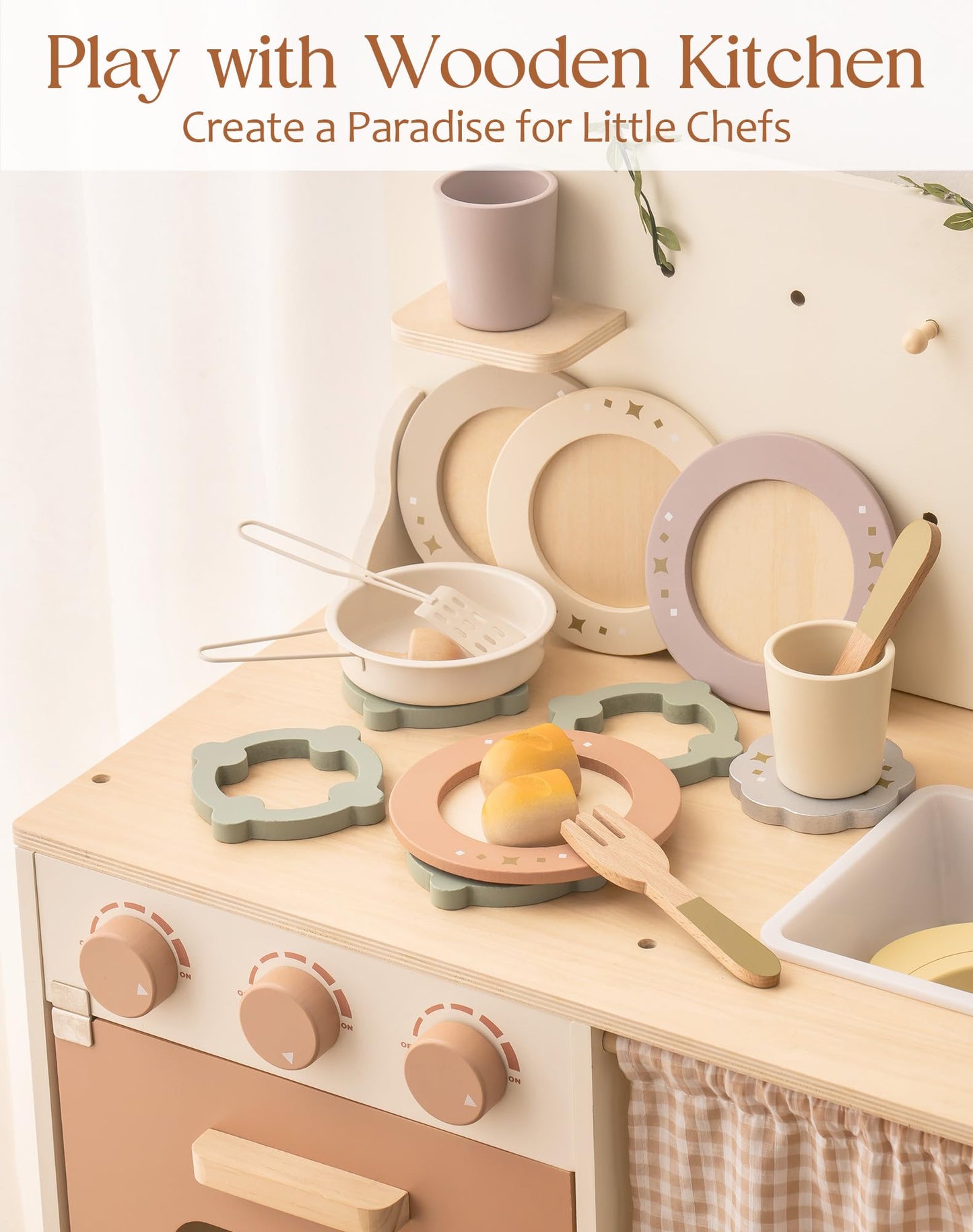 ROBOTIME Play Kitchen with Dishes Set, Rustic Wooden Kitchen Pretend Play Kitchen, 29PCS Wooden Toy Plates and Dishes for Kitchen Set for Toddler Boys Girls Gifts