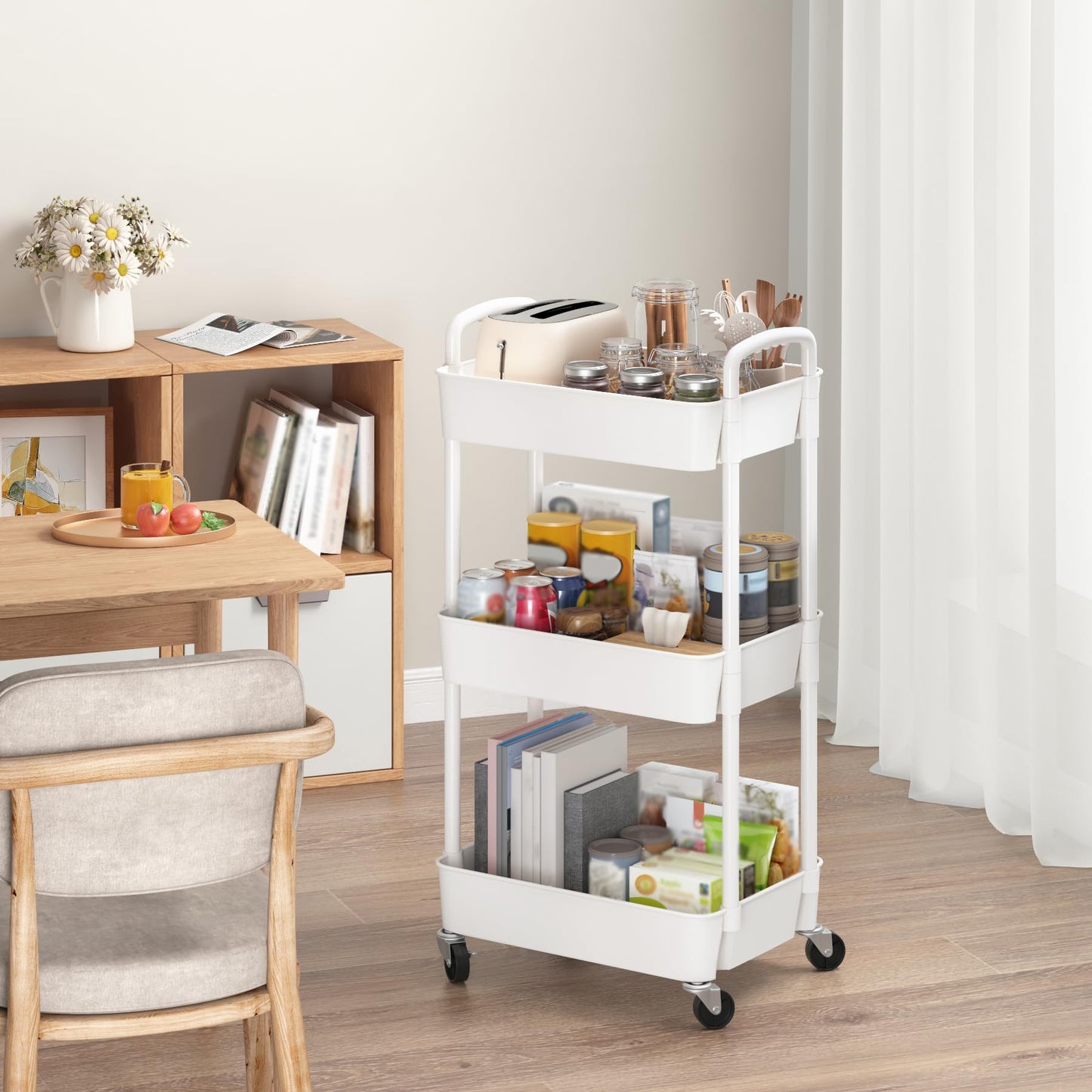 Sywhitta 3-Tier Plastic Rolling Utility Cart with Handle, Multi-Functional Storage Trolley for Office, Living Room, Kitchen, Movable Storage Organizer with Wheels, White