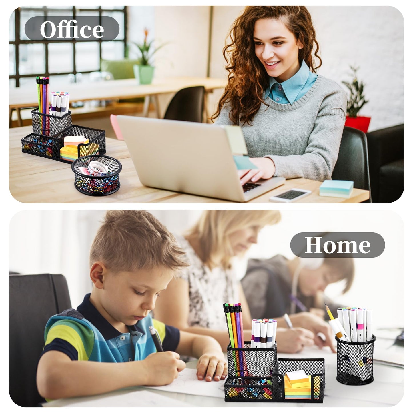 Byjoph Mesh Pen Holder for Desk Pencil Holders 5 Pieces Desk Organizer Office Supplies Caddy with Sticky Notes Holder for Office School Home Black