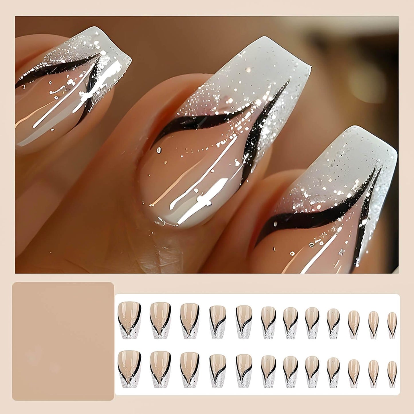 RUOKEXIN Coffin Press on Nails French Tip Fake Nails Medium False Nails with Glitter Designs Medium Coffin Nail Press ons Nude Full Cover Glue on Nails Cute Stick on Nails for Women 24Pcs