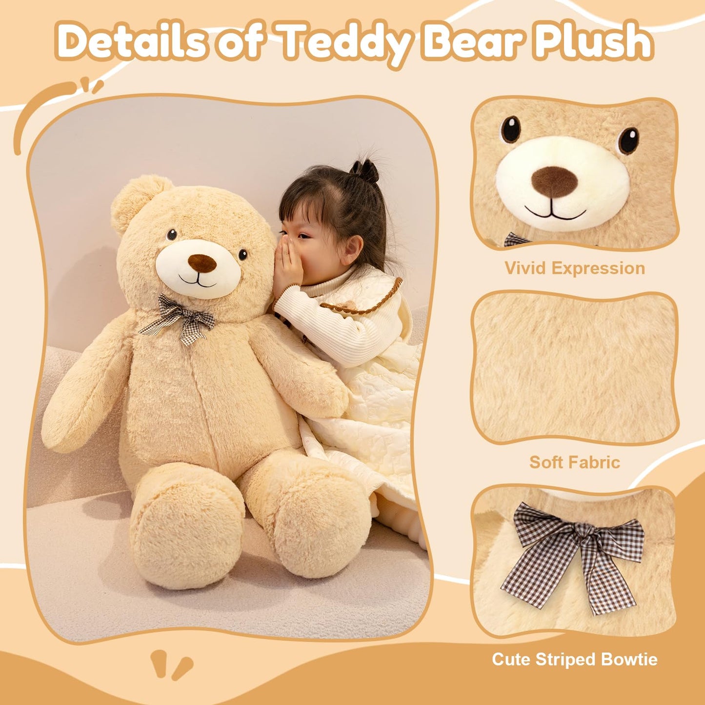 SQEQE Giant Teddy Bear Stuffed Animals 39 in, Large Teddy Bear Plush for Kids Adults, Cute Huge Plushies for Birthday Valentine's Gift