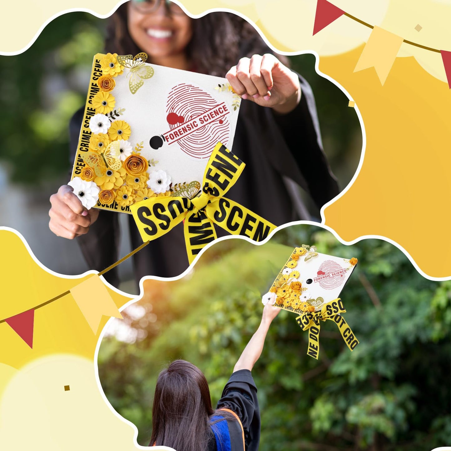 Gersoniel Criminal Justice Graduation Decorations Glitter Grad Cap Topper Graduation DIY Accessory Kit Included Paper Flowers Crime Scene Printed Bow Scale Sticker for Hat(Stylish)