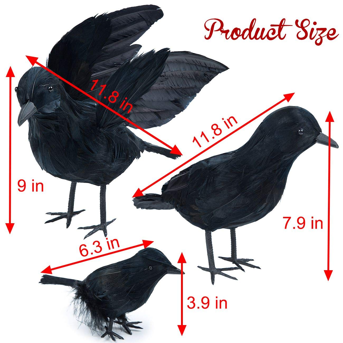 Darnassus 3-Pack Halloween Black Feathered Crow Realistic Handmade Crow Prop for Halloween Party Outdoors and Indoors Decoration