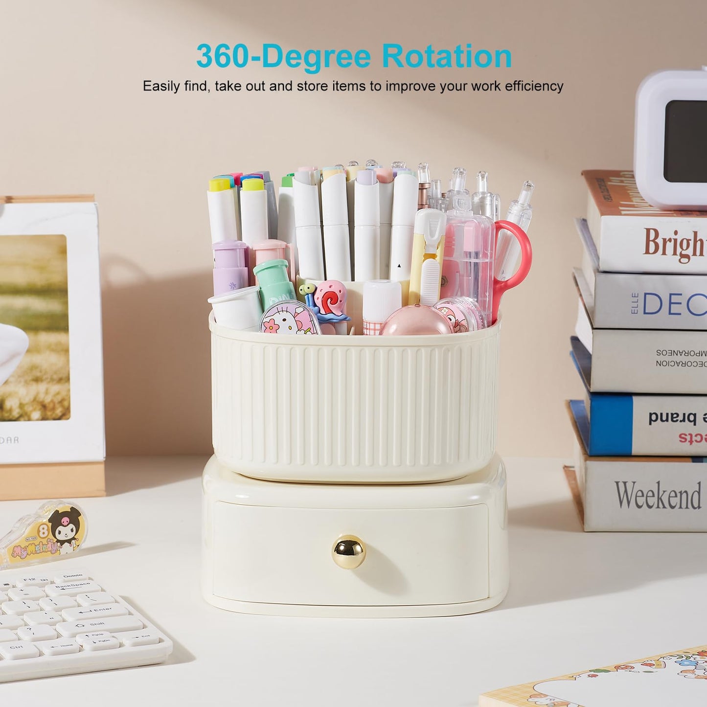 Lolocor 360 Degree Rotatable Pen Holder with Drawer, 5 Slots Office Desk Organizer Pen Holder for Desk Multi-Functional Pencil Box Desktop Stationary Organizer for Office School Home Beige