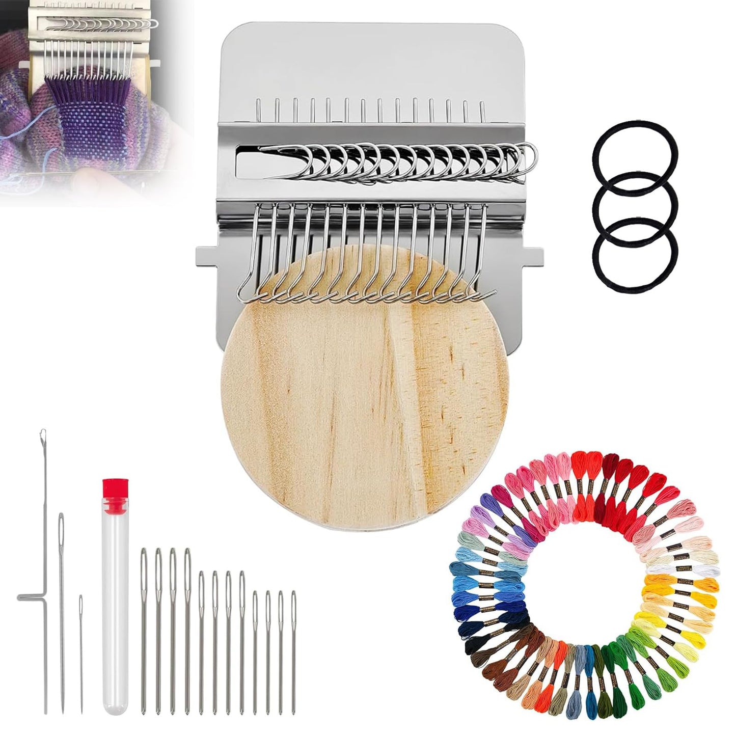 Knit Patch Patchmaker 2.0 Kit,Mini Darning Loom with 14 Hooks Small Weaving Loom 14 PCS Large Eye Needles & 50 Color Threads Weaving Repair Tool Darning Kit for Beginners Repair Jeans, Socks (1)