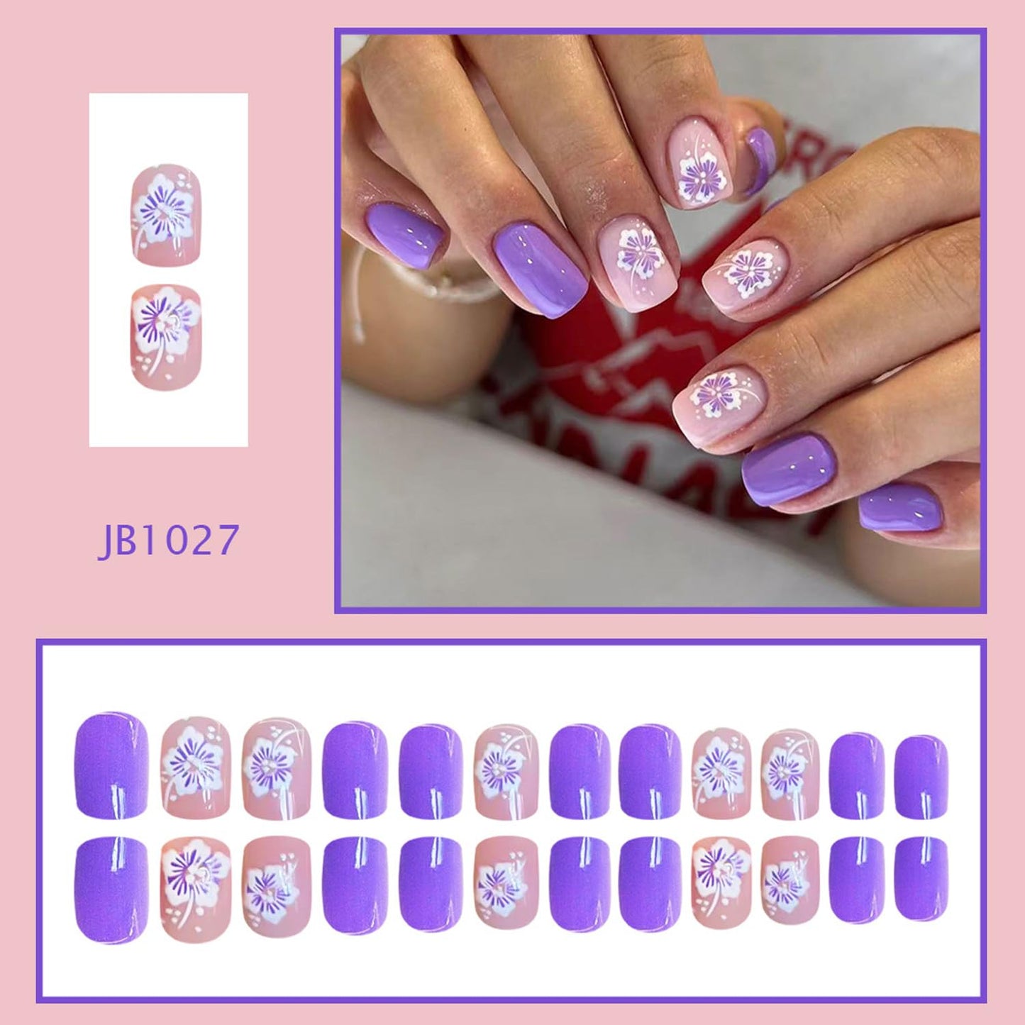 Square Press On Nails Short Fake Nails Leaf With Gradient Design Purple False Nails Spring Summer Acrylic Glue On Nail Full Cover Cute Press Ons Stick On Nail For Women Manicure Art 24pcs