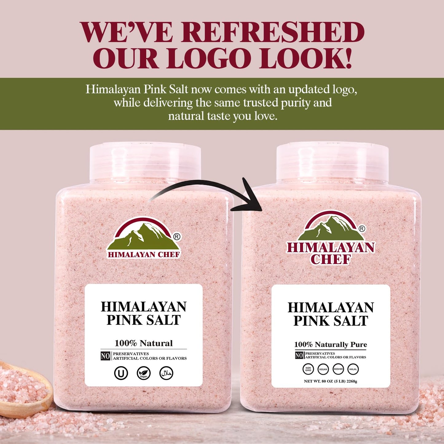 Himalayan Chef Pink Himalayan Salt Fine Grain, 5 lbs Plastic Jar - Pure, Natural, Kosher, Non-GMO, Mineral-Rich, for Cooking, Seasoning, Baking, Table Use