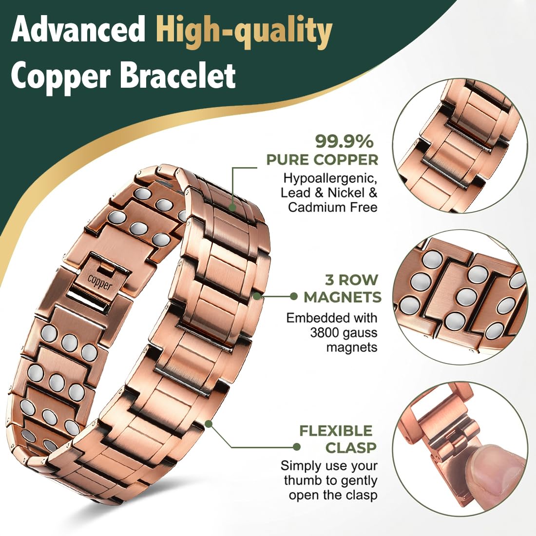 Vicmag Copper Magnetic Bracelet for Men, 3X Strength Magnets, Pure Copper Bracelet & 9X Magnet Ring Set, Adjustable Fit with Sizing Tool(Classic Copper)