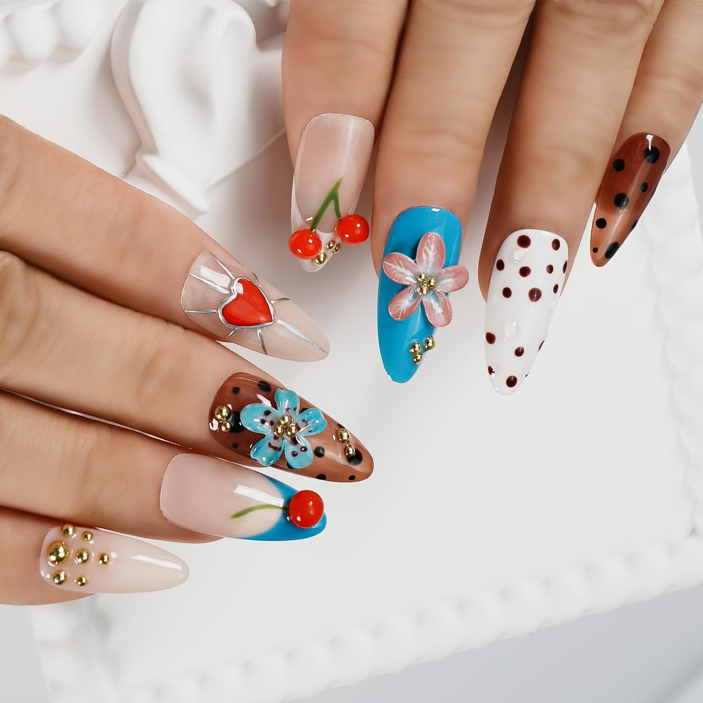 Tesytto 3D Cherry Press on Nails Almond - Handmade Flower & Heart Design, Gold Bead Polka Dot Glossy Reusable False Nails for Summer (Sweet Fun Flower Cherry, L)