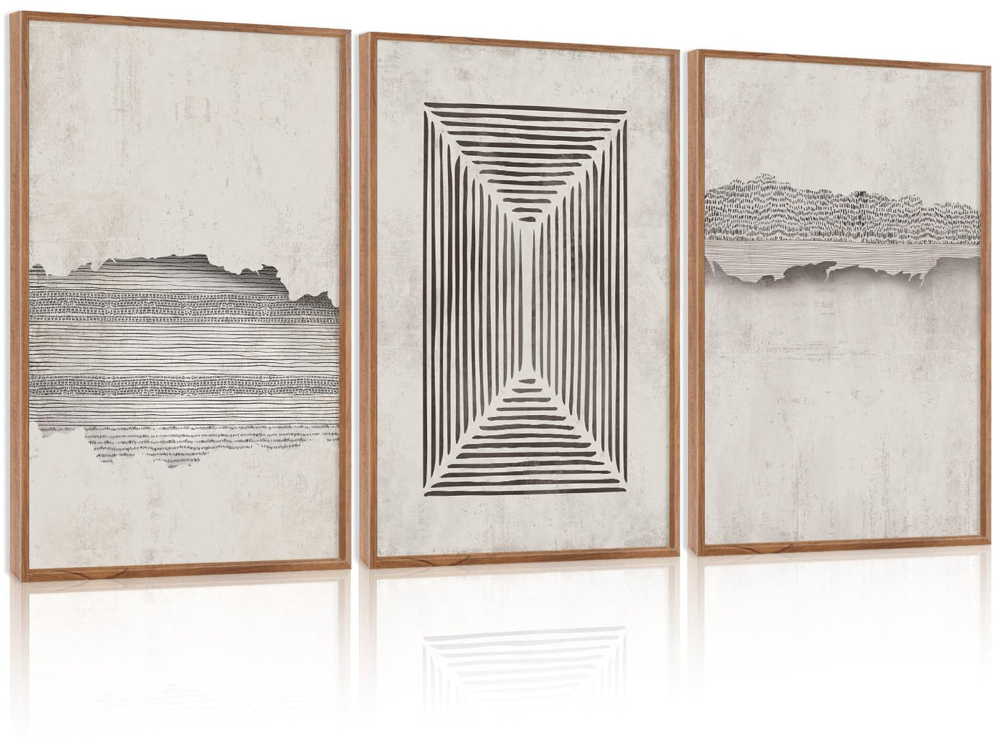 CHDITB Abstract Minimalist Framed Canvas Wall Art Set Of 3, Modern Mid Century Wall Decor, Geometric Line Textured Inspired Artwork, Neutral Art Print For Living Room Office Bedroom Decor (12X16 Inch)