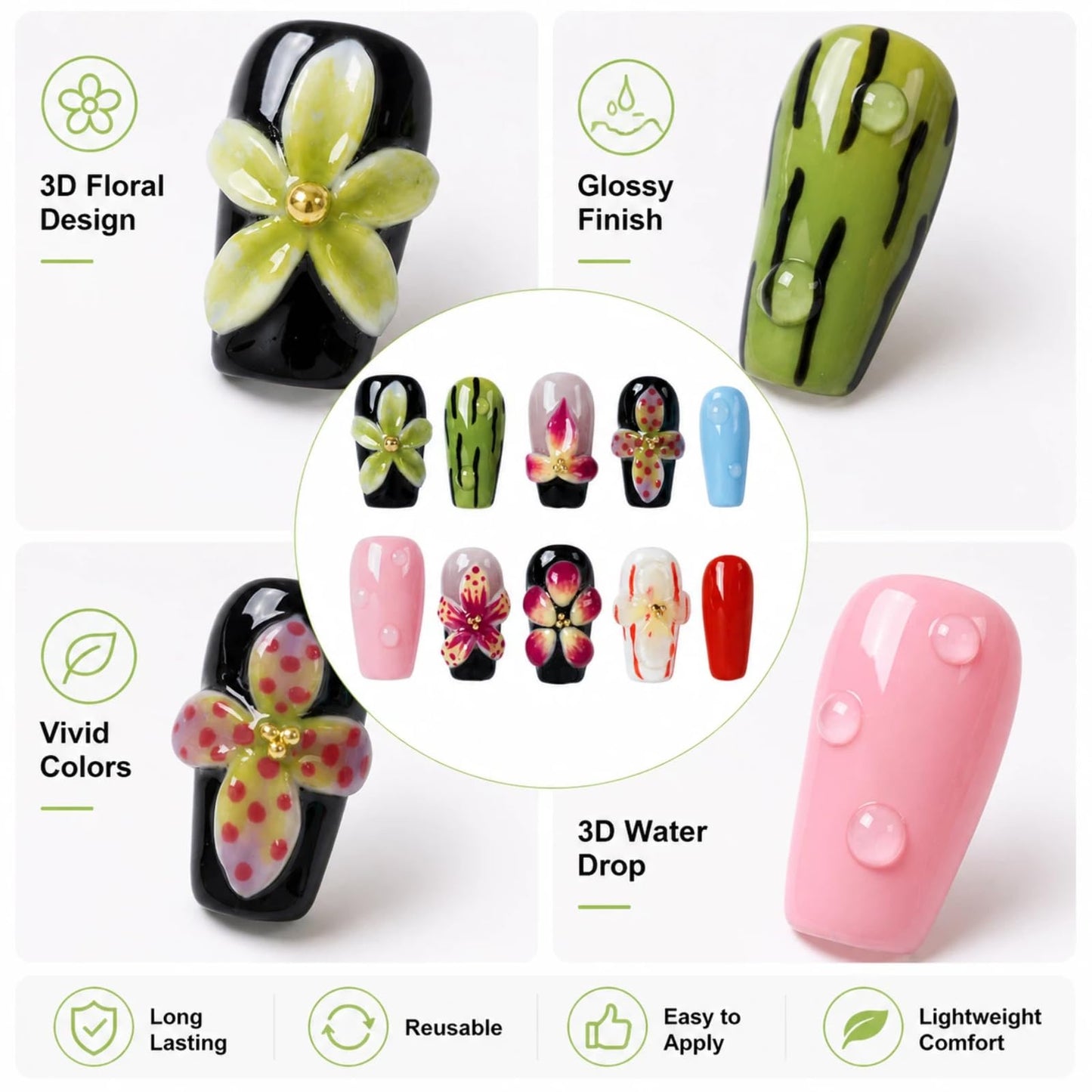 Tesytto Dopamine Tropical Press-On Nails Short Coffin, 3D Floral French Tip Glossy Fake Nails Nail Art for Summer Beach (Tropical Floral Shadow,S)