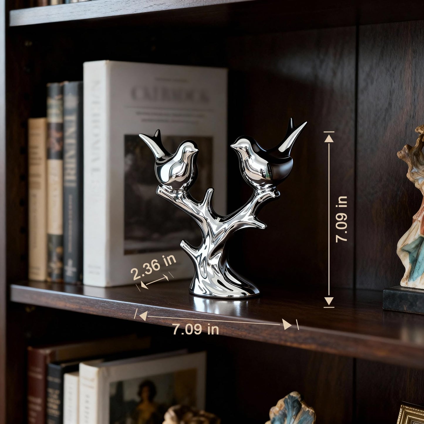 Jubiluxor Silver Ceramic Bird Statue, Mirror Chrome Finish, Two Lovebirds on Branch, 7-Inch Mantel & Bookshelf Decor, Modern Home Sculpture, Housewarming Wedding