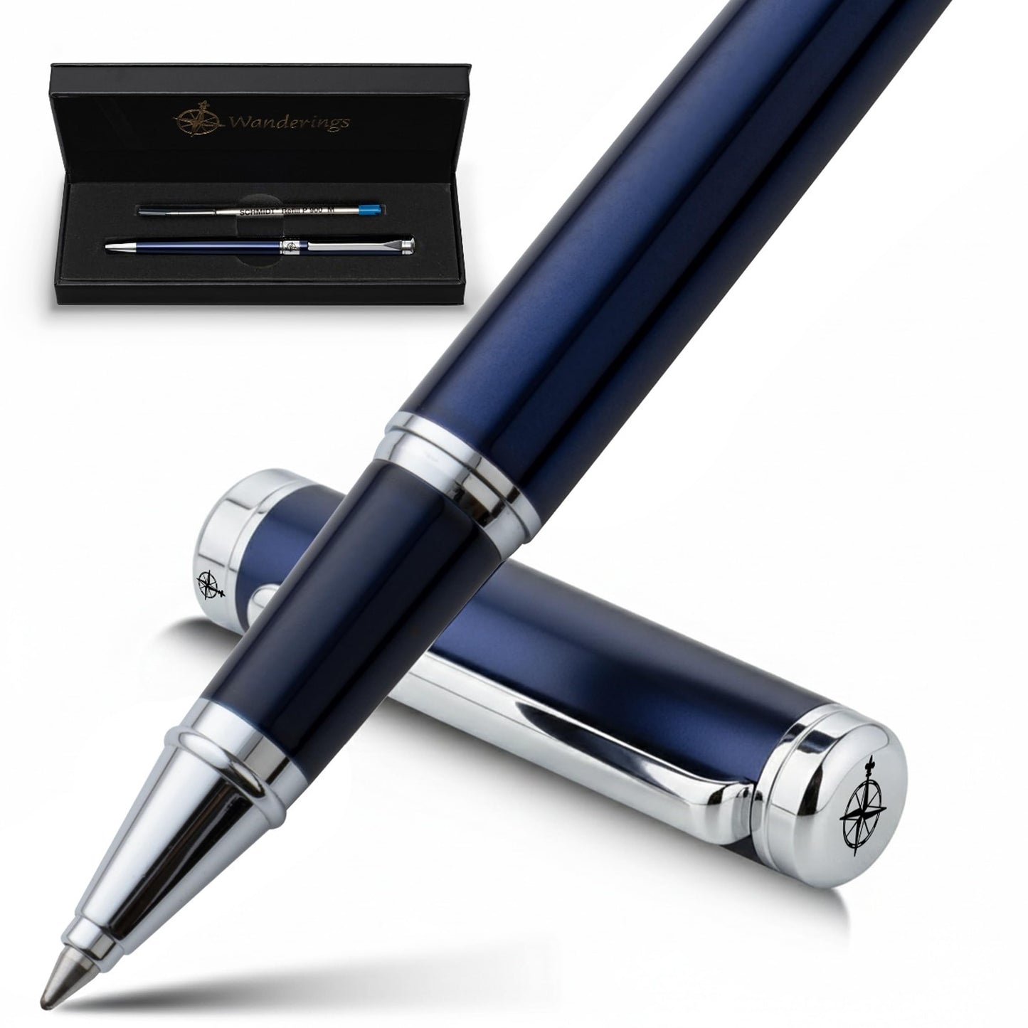WANDERINGS Premium Rollerball Pen with German Ink – Perfectly Balanced for a Superb Writing Experience, Chrome Accents – Blue Breeze - Includes a Schmidt Refill in a Giftable Presentation Case