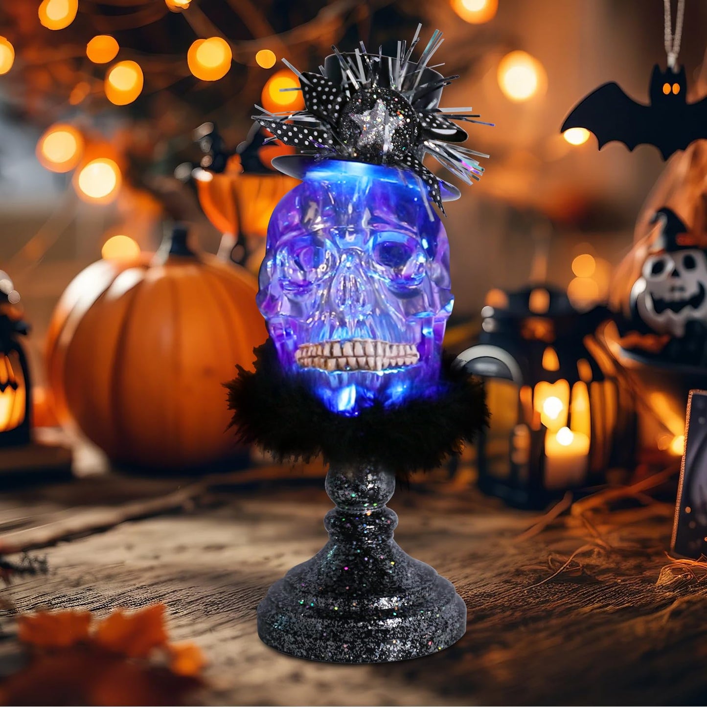 WONDER GARDEN Skulls Halloween Decor - Dressed Acrylic Skeleton Heads with Magic Hat Skull Decor, Halloween Decorations Indoor and Party Supplies