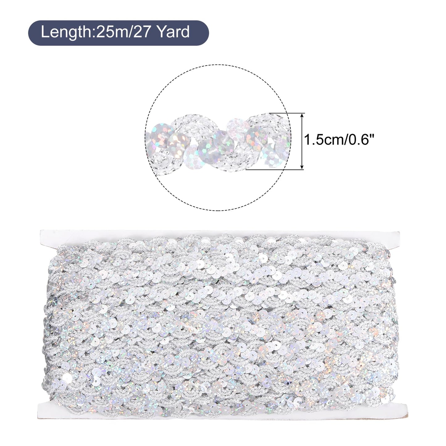 MECCANIXITY 27 Yard Sequins Beaded Lace Trim 0.6 Inch Wave Sequin Braid Trim Strip Paillette Ribbon for Crafts, Embellishments, DIY Sewing Costume, Bling Silver