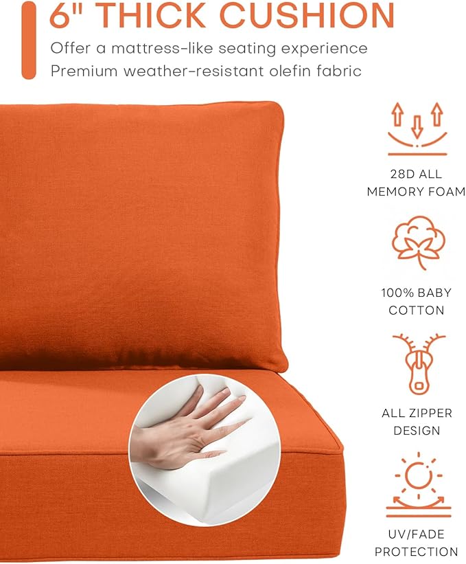 Luxury 24x24x6 Inch Outdoor Cushions - Water&UV&Fade Resistant 1 Set Zippered Patio Chair Back&Seat Cushion for Wicker Dining Rocking Swivel Chairs Loveseat Couch Sectional Sofa - Orange