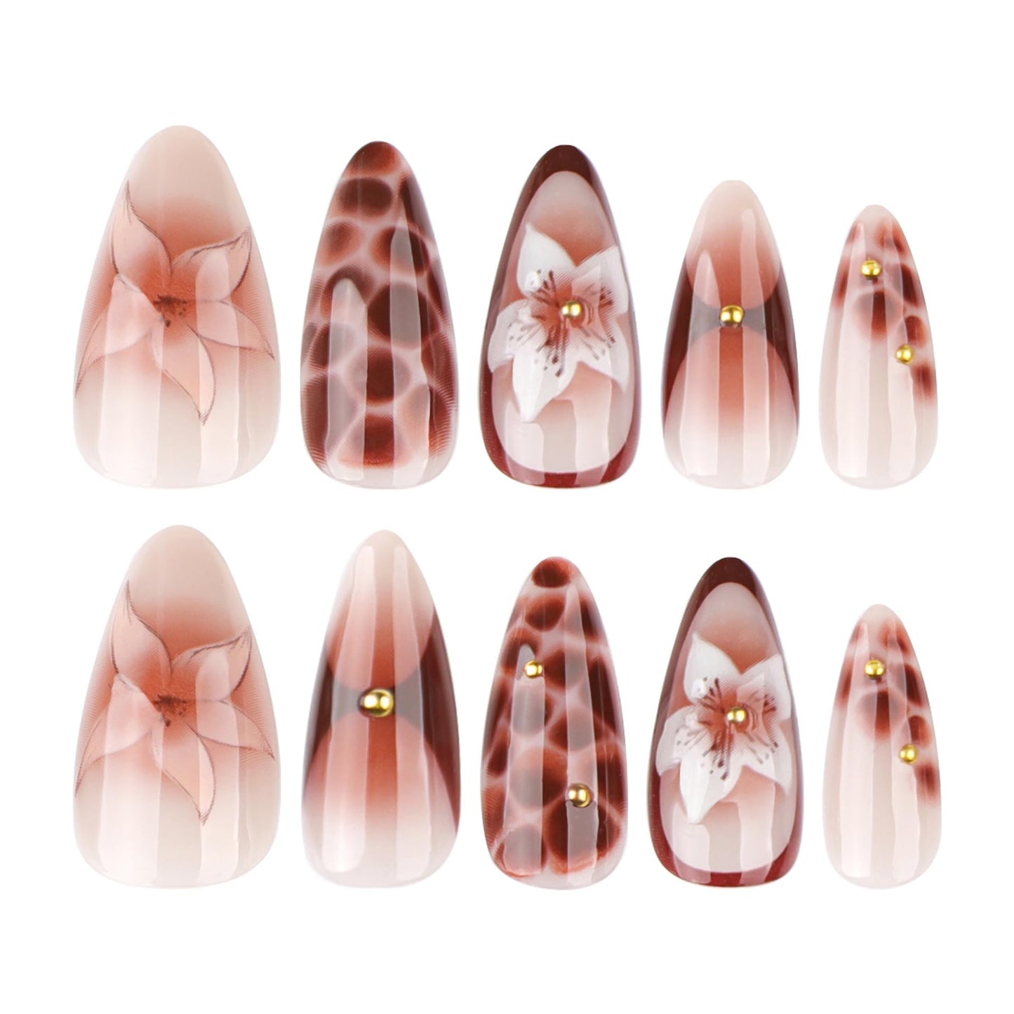 CTTHNBD Press on Nails Almond - Medium Fake Nails with Flower Pattern Design - Brown Ombre False Nails Press Ons - for Women Manicure 24 Pcs