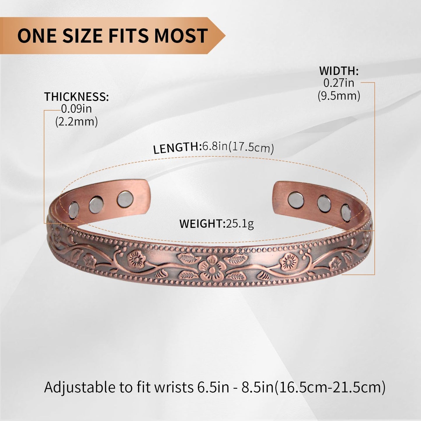 MagEnergy Copper Bracelets for Women, 99.9% Pure Copper Vintage Flower Magnetic Bangle with 3500 Gauss Magnets,6.8" Adjustable Cuff Jewelry Gift (2pcs)