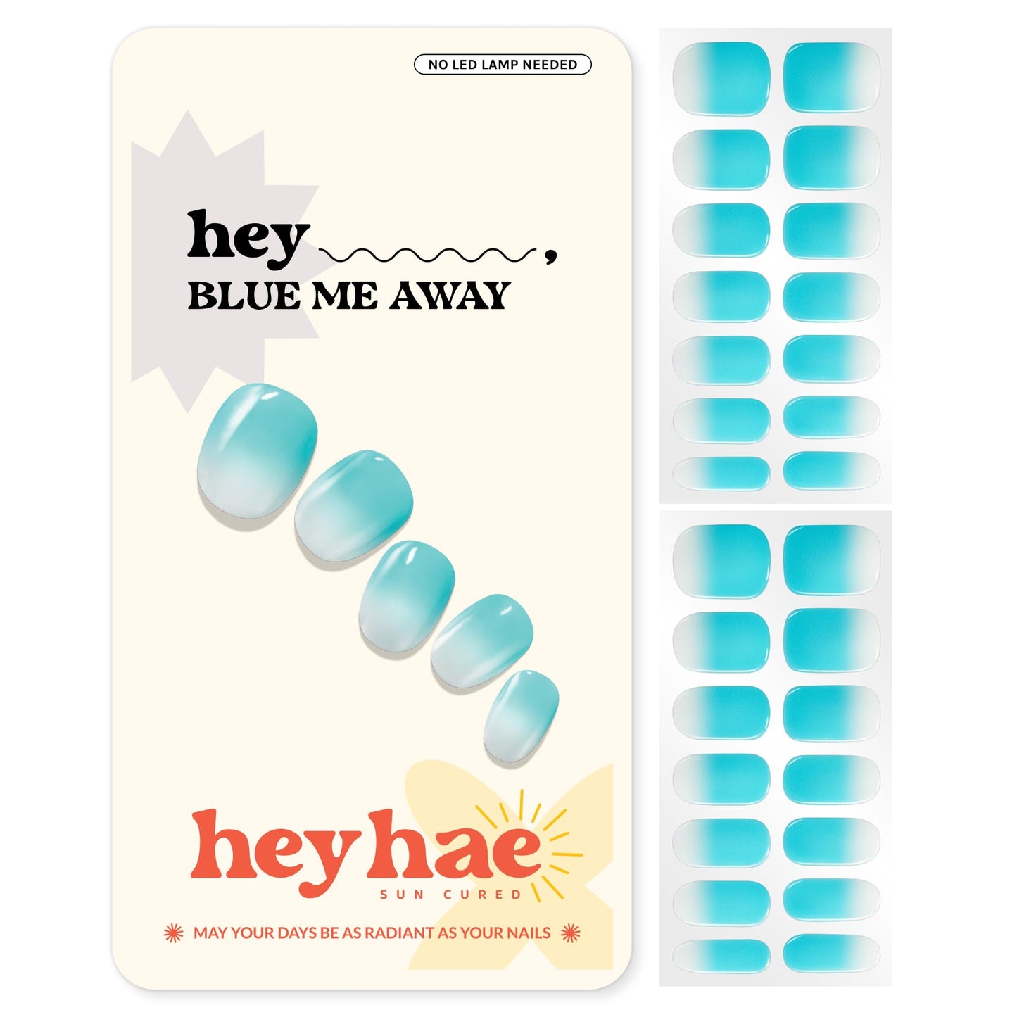 Heyhae Semi Cured Gel Nail Strips | No LED Lamp Needed | Ombre, Blue, Spring | Easy Apply & Remove, Salon Quality | Includes 28 Strips, 1 Prep Pads, Nail File & Wooden stick - Hey, Blue Me Away