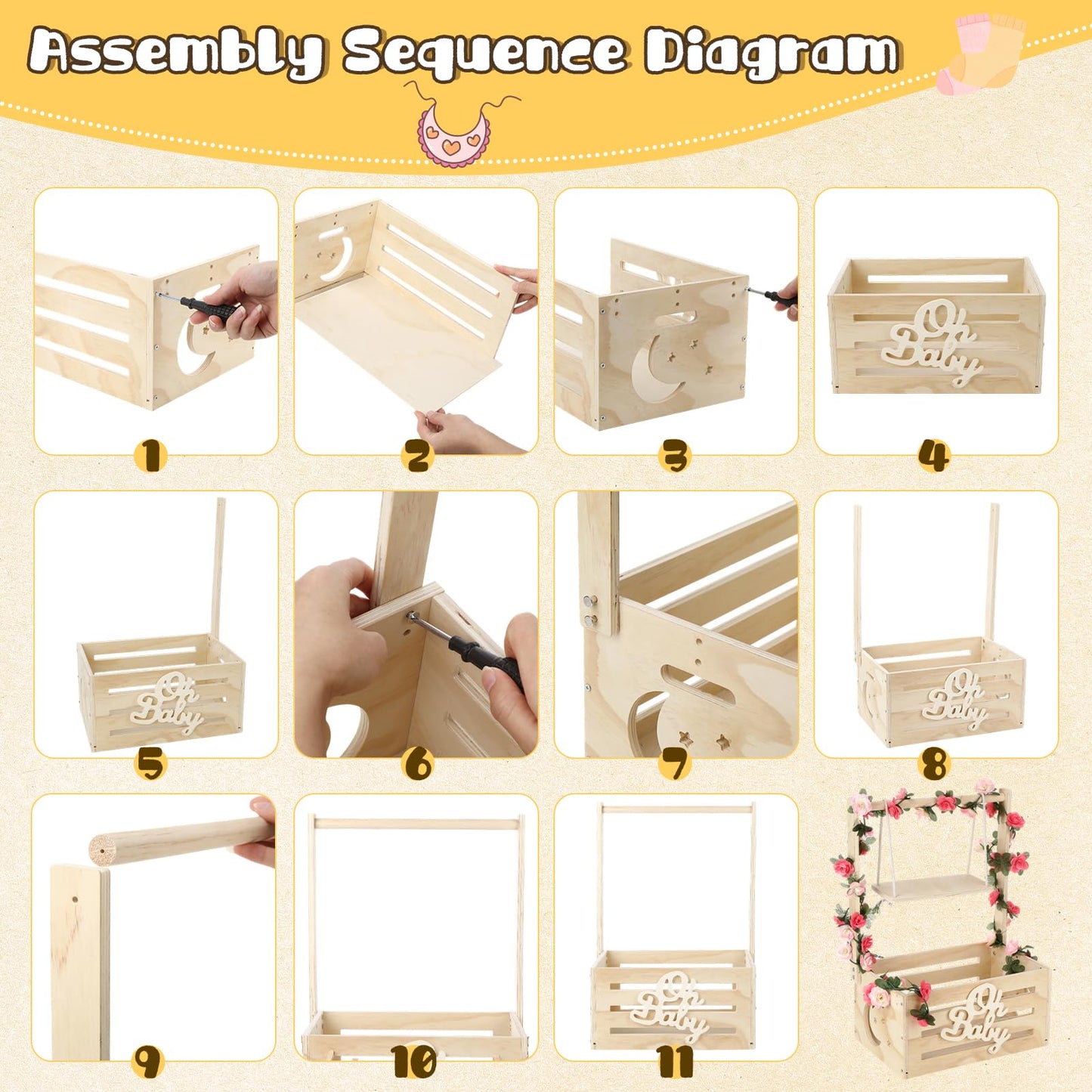 Wooden Baby Shower Crate Closet, Personalized Baby Gift Basket with Adjustable Handle, Include String Lights, Garland, 6 Hangers & 6 Clips - Unique Newborn Gift for Boys & Girls, Baptism,Birthday