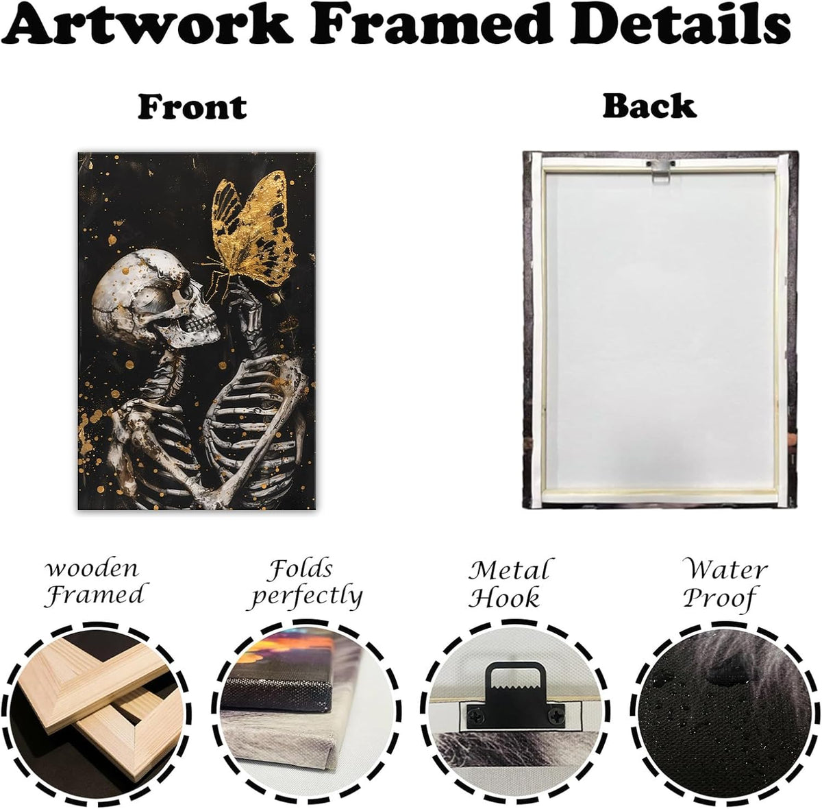 OAAPITI Skull Wall Art Skull and Gold Butterfly Canvas Print Abstract Modern Gothic Artwork for Bedroom Dark Art Decor(Artwork-7,28"x42")