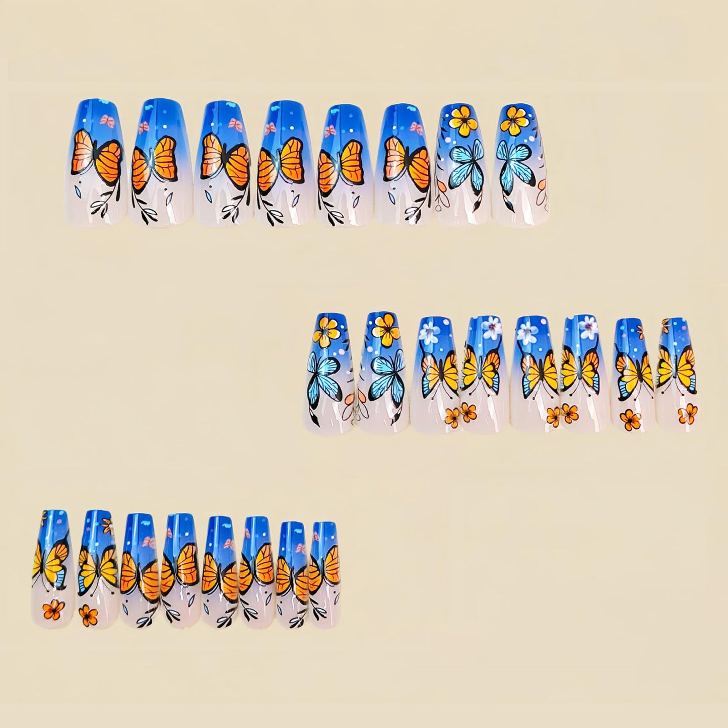 MISUD Press on Nails - Long Coffin Fake Nails with Blue Ombre, Acrylic Summer Flower Butterfly Design 24 pcs