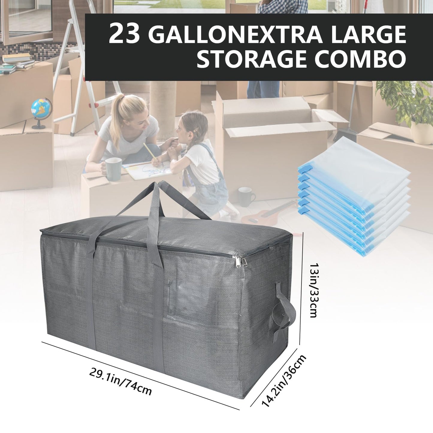 Extra Large Storage Bags Set Heavy Duty Moving Totes with Handles, Waterproof Dual-Way Carrying Design Fold Flat Storage Totes For Effortless Moving, (Gray, 12 Park-2 Moving bag & 10 Vacuum Seal Bags)