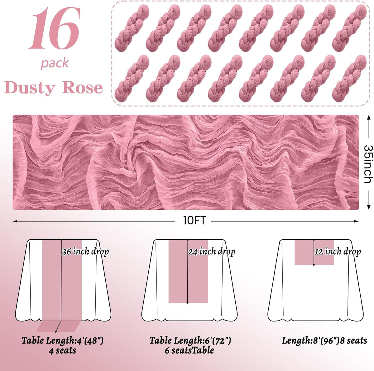 16Pack Dusty Rose Cheesecloth Table Runner 10FT Gauze Cheese Cloth Table Runner 35x120Inch Long Boho Spring Easter Table Runners Rustic Sheer Table Runners for Wedding Baby Shower Bridal Shower Decor