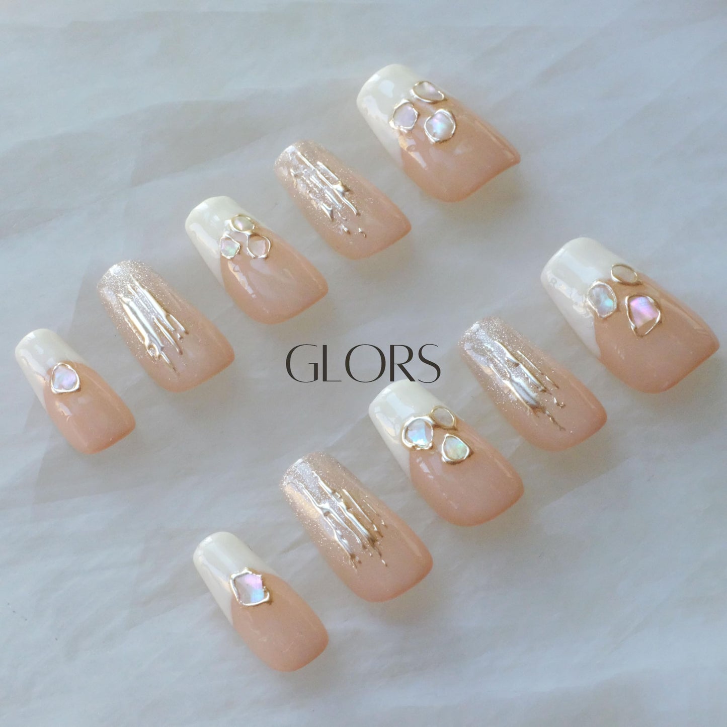 [GLORS] Purly Handmade Medium Ballerina Press on Nails | Mica Love - Shell Piece Pure and Seductive Fake False Nail Art, 10 Pieces (Small, MB)