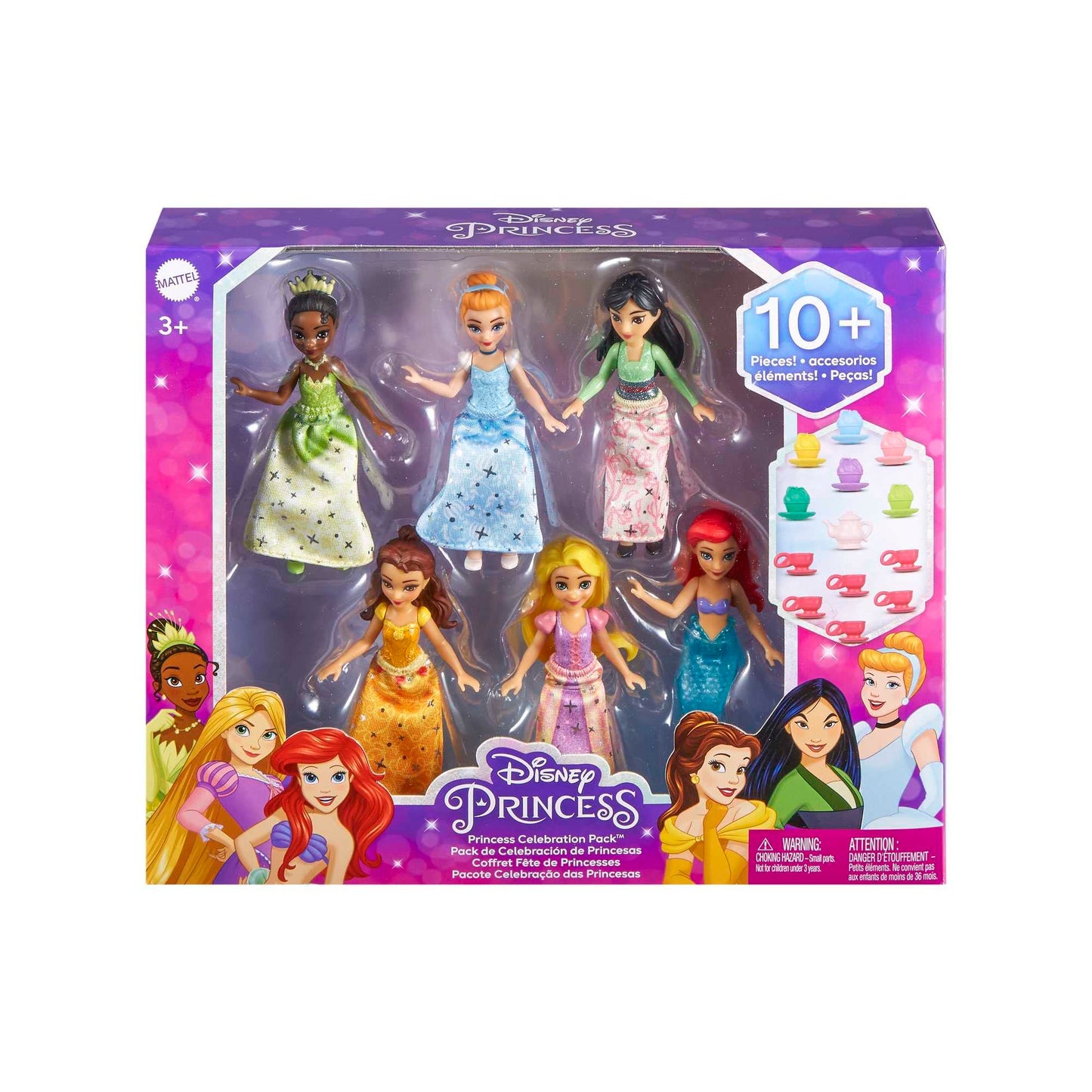 Mattel Disney Princess Toys, Small Doll Party Set with 6 Posable Dolls in Sparkling Clothing & 13 Tea Time Accessories
